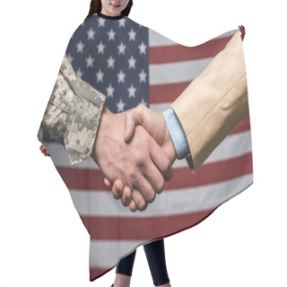 Personality  Selective Focus Military Men Shaking Hands Near American Flag  Hair Cutting Cape