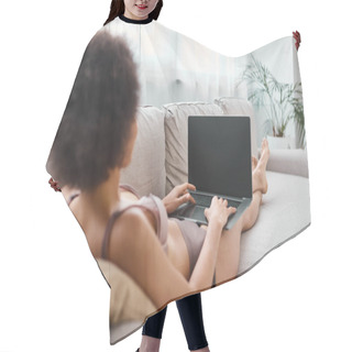 Personality  Back View Of African American In Lingerie Working Remotely On Laptop While Sitting Cozy Sofa At Home Hair Cutting Cape