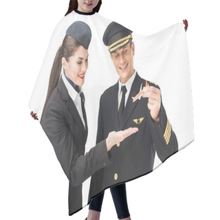 Personality  Airline Captain And Stewardess Holding Toy Plane Isolated On White Hair Cutting Cape