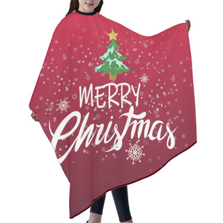 Personality  Vector With Merry Christmas Lettering Near Green Pine And Falling Snow On Red Hair Cutting Cape
