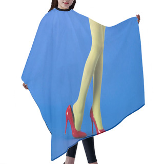 Personality  Cropped View Of Stylish Model In Green Tights And Red Heels Posing On Blue  Hair Cutting Cape