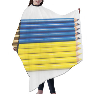 Personality  Top View Of Color Blue Ad Yellow Pencils On White Background  Hair Cutting Cape