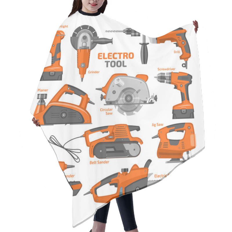 Personality  Power Tools Vector Electric Construction Equipment Power-planer Grinder And Circular-saw Illustration Machinery Set Of Screwdriver And Electrical Sander In Toolbox Isolated On White Background Hair Cutting Cape