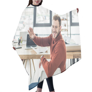 Personality  Male Architect Sitting At Computer Desk, Waving And Working On Blueprints In Loft Office Hair Cutting Cape