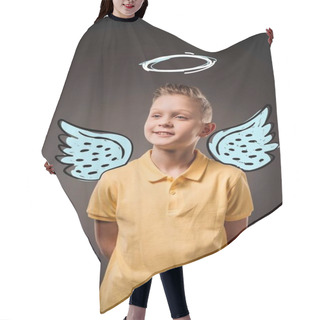 Personality  Portrait Of Adorable Preteen Boy With Drawn Wings And Nimbus As Angel, Isolated On Grey Hair Cutting Cape