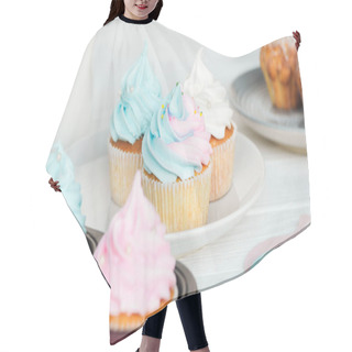 Personality  Delicious Cupcakes Decorated With Colorful Frosting On Plate Isolated On Grey Hair Cutting Cape