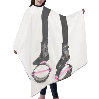 Personality  Fun Workout, Partial View Of Woman In Kangoo Jumping Shoes On White Background, Motivation Hair Cutting Cape