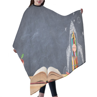 Personality  Start School Concept - Supplies On Desk And Rocket Drawn On Blackboard Hair Cutting Cape