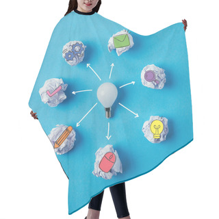 Personality  Top View Of Light Bulb Surrounded With Crumpled Papers With Business Icons On Blue Surface Hair Cutting Cape