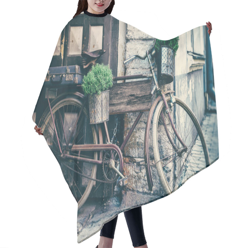 Personality  Vintage Stylized Photo Of Old Bicycle Carrying Flower Pots Hair Cutting Cape