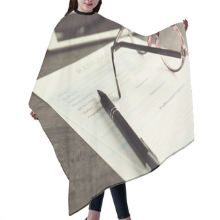 Personality  Resume, Eyeglasses And Pen  Hair Cutting Cape