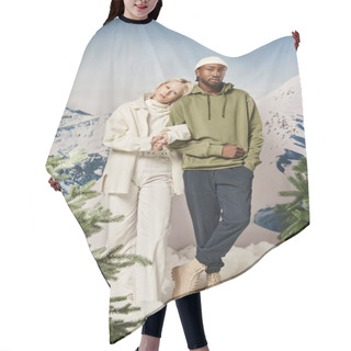 Personality  Full Length Of Stylish Interracial Couple In Winter Attire Standing Together With Mountain Backdrop Hair Cutting Cape
