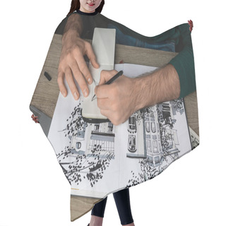 Personality  Top View Of Mans Hands Drawing In Notebook On Wooden Table Next To Albums And Gadgets Hair Cutting Cape