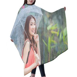 Personality  Young Thai Lady Standing With Under Umbrella Hair Cutting Cape