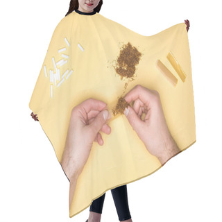 Personality  Partial View Of Young Man Using Tobacco Isolated On Yellow Hair Cutting Cape