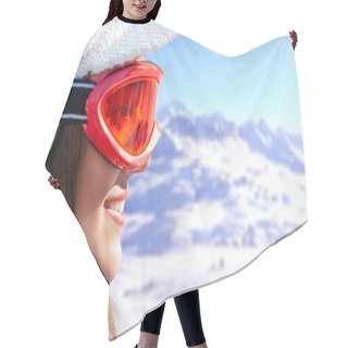 Personality  Face Shot Of Female Skier With Snow Glasses. Hair Cutting Cape
