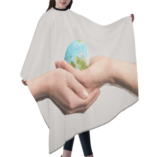Personality  Man And Woman Holding Planet Model On Grey Background, Earth Day Concept Hair Cutting Cape