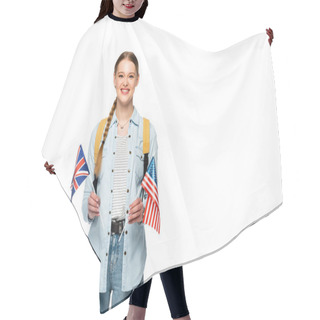 Personality  Happy Girl With Braid And Backpack Holding Flags Of America And United Kingdom Isolated On White Hair Cutting Cape