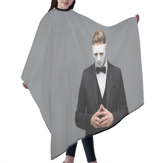 Personality  Businessman In Face Mask Standing With Joined Fingers Isolated On Grey Hair Cutting Cape