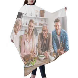 Personality  Smiling Family Members Holding Plate With Turkey And Looking At Camera In Thanksgiving Day   Hair Cutting Cape