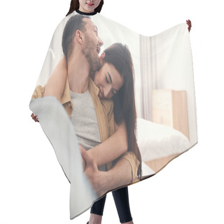 Personality  Attractive Just Married Couple Hugging At Home Hair Cutting Cape