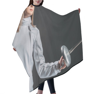Personality  Cropped View Of Fencer In Fencing Suit Holding Rapier Isolated On Black  Hair Cutting Cape