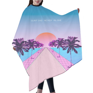 Personality  Nostalgic Seaside Pastel Modern. Vintage Style Background. View With Road And Palm Trees. Vaporwave, Synthwave Style Illustration Hair Cutting Cape