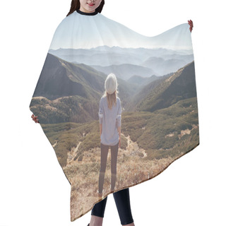 Personality  Back View Of Female Traveler Looking At Beautiful Mountains On Sunny Day, Carpathians, Ukraine Hair Cutting Cape