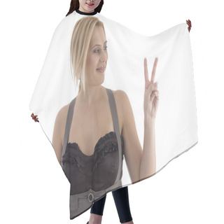 Personality  Smiling Woman Making Peace Sign Hair Cutting Cape