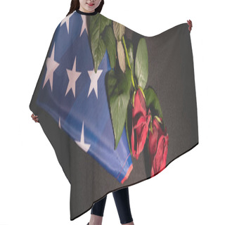 Personality  Top View Of Red Roses And American Flag On Black Background, Funeral Concept, Banner Hair Cutting Cape