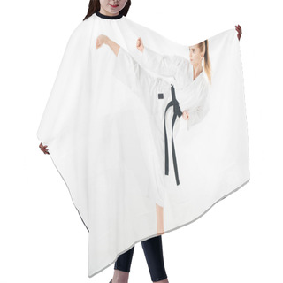 Personality  Female Karate Fighter Training Kick Isolated On White Hair Cutting Cape