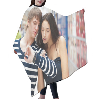 Personality  Portrait Of Young Couple Standing Together At Airport Hall And L Hair Cutting Cape