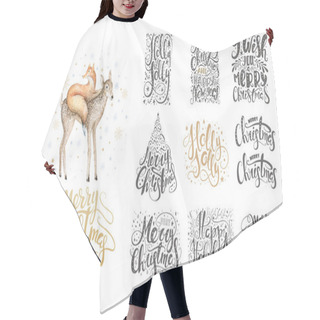 Personality  Merry Christmas Lettering Over With Snowflakes And Foxes. Hand D Hair Cutting Cape