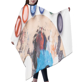 Personality  Top View Of Palette With Gouache Paints And Paintbrush On White Background, Panoramic Shot Hair Cutting Cape