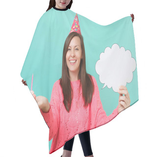 Personality  Smiling Young Woman In Birthday Hat Hold In Hand Cake With Candle Empty Blank Say Cloud Speech Bubble For Promotional Content Isolated On Blue Background. People Lifestyle Concept. Mock Up Copy Space Hair Cutting Cape