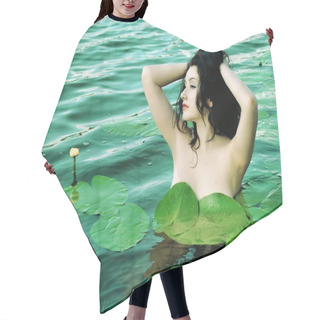 Personality  Mermaid With Dark Hair On A Blue Lake. Sexy And Thin Figure, Red Lids And Pale Skin. Inspire Woman Bathed In Water And Seduces Hair Cutting Cape