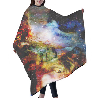 Personality  Magical Space Wolf, Multicolor Computer Graphic Collage. Space Fire. Hair Cutting Cape
