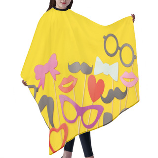 Personality  Party Props On A Yellow Background. Birthday, Wedding Party Cele Hair Cutting Cape
