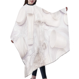 Personality  Top View Plastic Rubbish Scattered On White Background Hair Cutting Cape