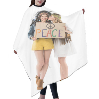 Personality  Full Length View Of Two Bisexual Hippie Girls In Indian Headdress And Wreath Holding Placard With Inscription And Kissing Isolated On White Hair Cutting Cape