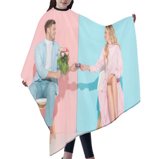 Personality  Beautiful Couple Sitting On Chairs While Man Presenting Gift Box With Flower Bouquet To Woman On Pink And Blue Background Hair Cutting Cape