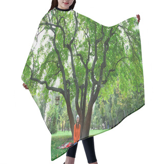 Personality  Young Woman Sitting On Plaid Blanket Under Big Tree In Autumn Park Hair Cutting Cape