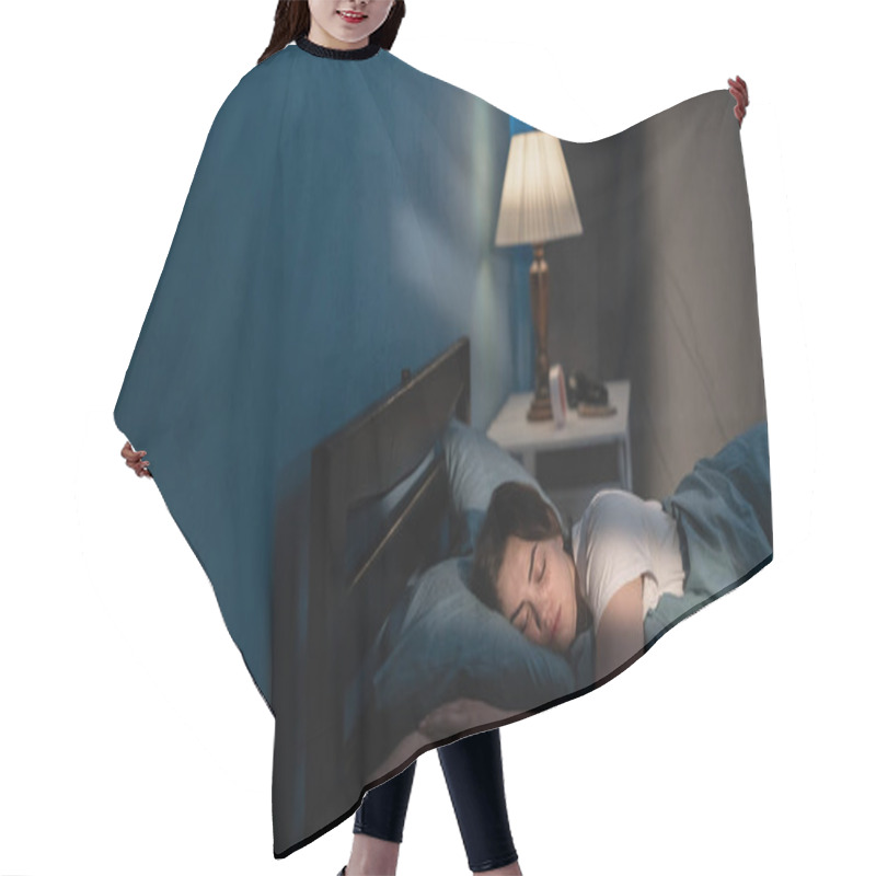 Personality  Young Woman Sleeping In Soft Bed In Late At Night. Lying Cozily In Bed, Hugging A Pillow. Girl Sound Asleep At Night. Copy Space Hair Cutting Cape