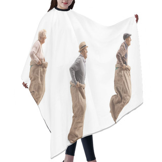 Personality  Senior People Playing Gunny Race And Jumping In A Sack Isolated On White Background Hair Cutting Cape