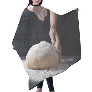 Personality  Female Hands Sprinkling Flour Over Fresh Dough On Dark Background. Hair Cutting Cape