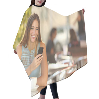 Personality  Girl Texting On The Phone In A Restaurant Hair Cutting Cape