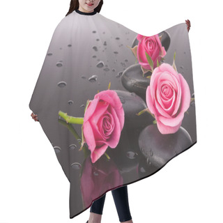 Personality  Spa Stone And Rose Flowers Still Life. Healthcare Concept. Hair Cutting Cape