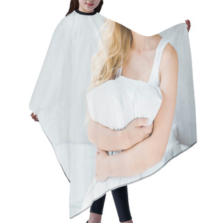 Personality  Cropped Shot Of Young Woman In Underwear Holding Pillow In Bedroom Hair Cutting Cape