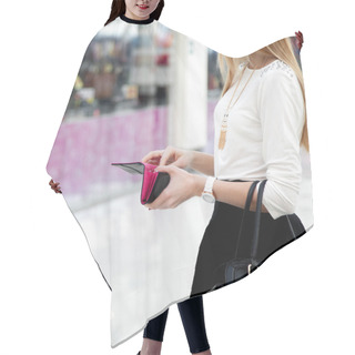 Personality  Young Female In Fashionable Clothes Looking Into A Wallet In Sho Hair Cutting Cape