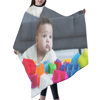 Personality  African American Baby Girl Crawling On Floor Near Blurred Colorful Building Blocks Hair Cutting Cape